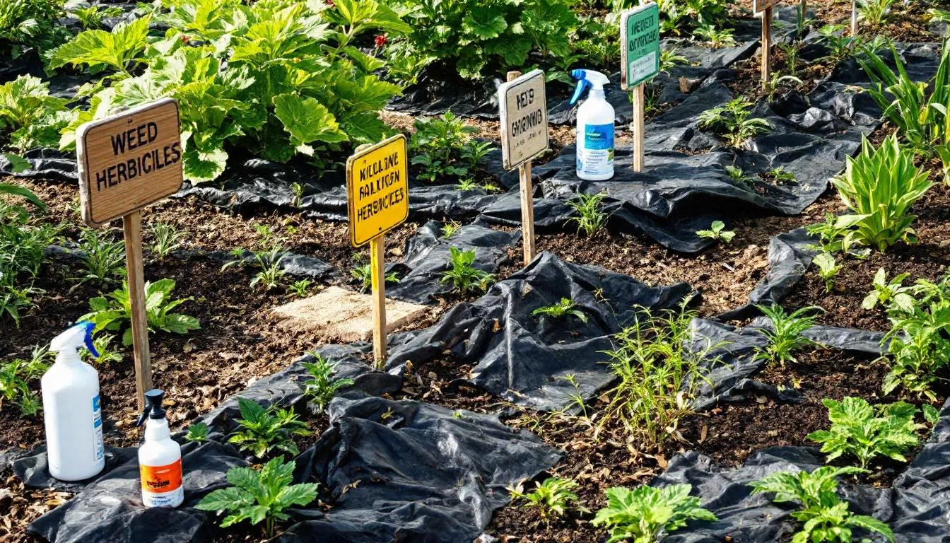 雑草対策の基本を示す庭の風景。防草シートや除草剤が使われている。